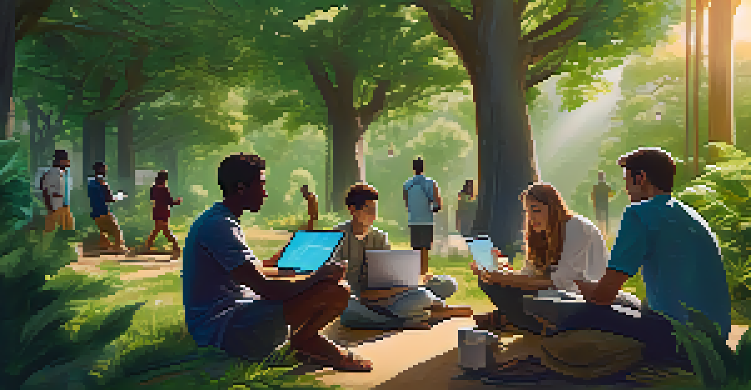 A diverse group of people discussing peer-to-peer lending using smart contracts in a green outdoor setting.