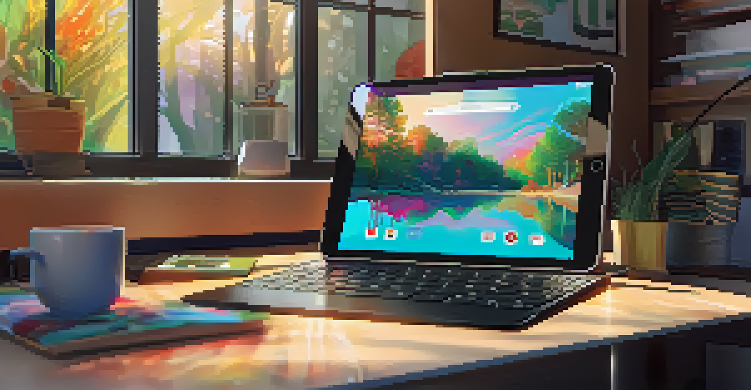 A close-up of a tablet showing a vibrant NFT artwork, surrounded by a stylish workspace with art supplies and a coffee cup, illuminated by sunlight.
