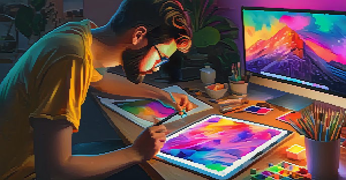A digital artist creating NFT art on a tablet in a cozy studio filled with colorful art supplies.