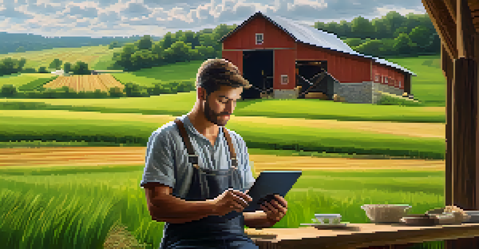 A farmer in a green field using a tablet, representing the connection between agriculture and decentralized finance.