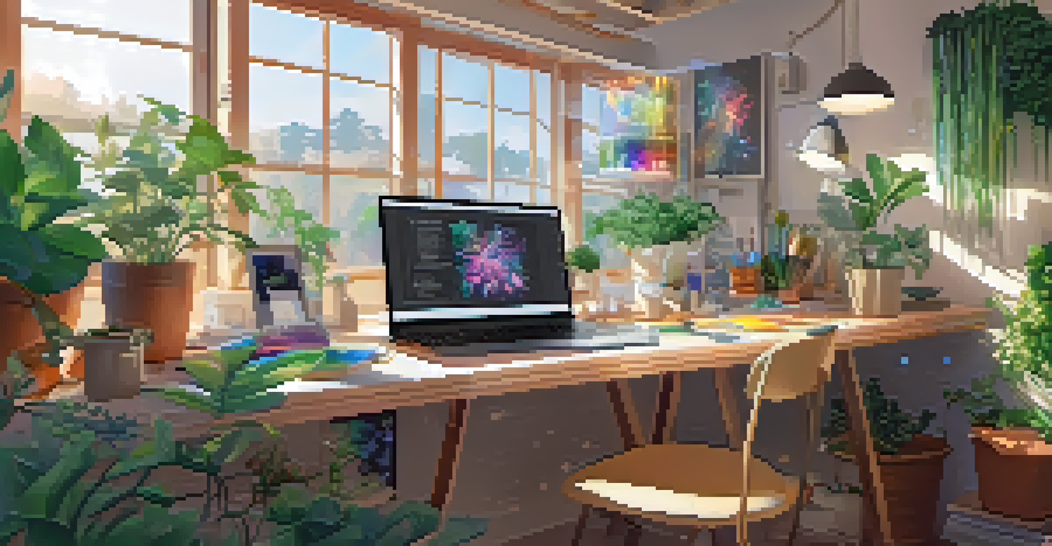 An artist's workspace featuring digital tools and monitors, with sketches and a blockchain interface visible, all under natural light.