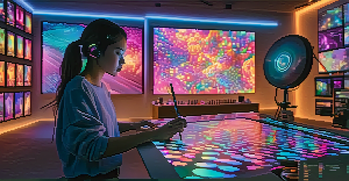 An artist in a modern digital studio, creating NFTs on a digital canvas, with colorful lights and holographic displays surrounding them.
