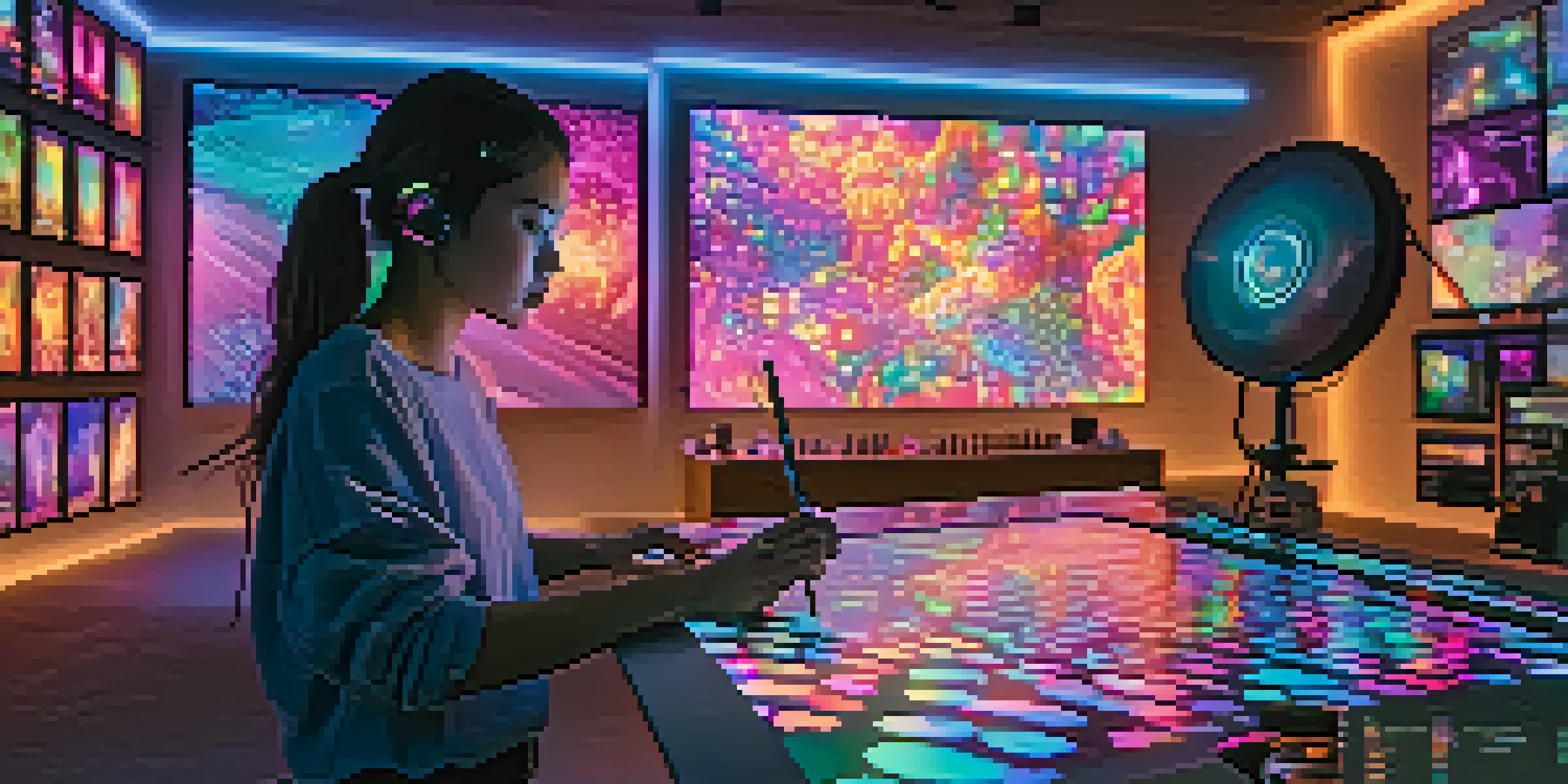 An artist in a modern digital studio, creating NFTs on a digital canvas, with colorful lights and holographic displays surrounding them.