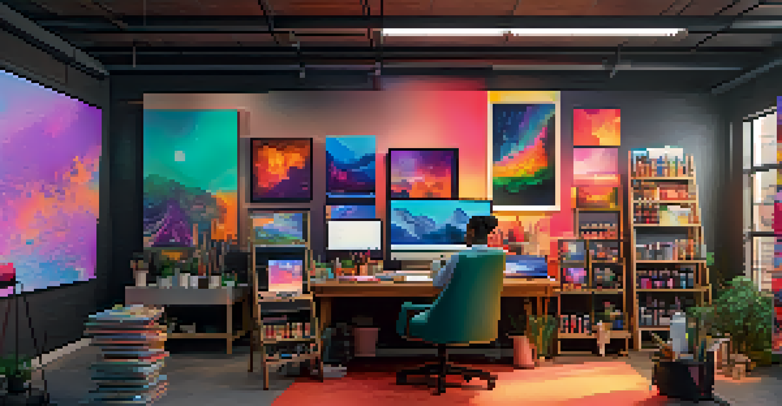 A digital art studio showcasing colorful canvases and art supplies, with a computer screen showing an NFT marketplace.