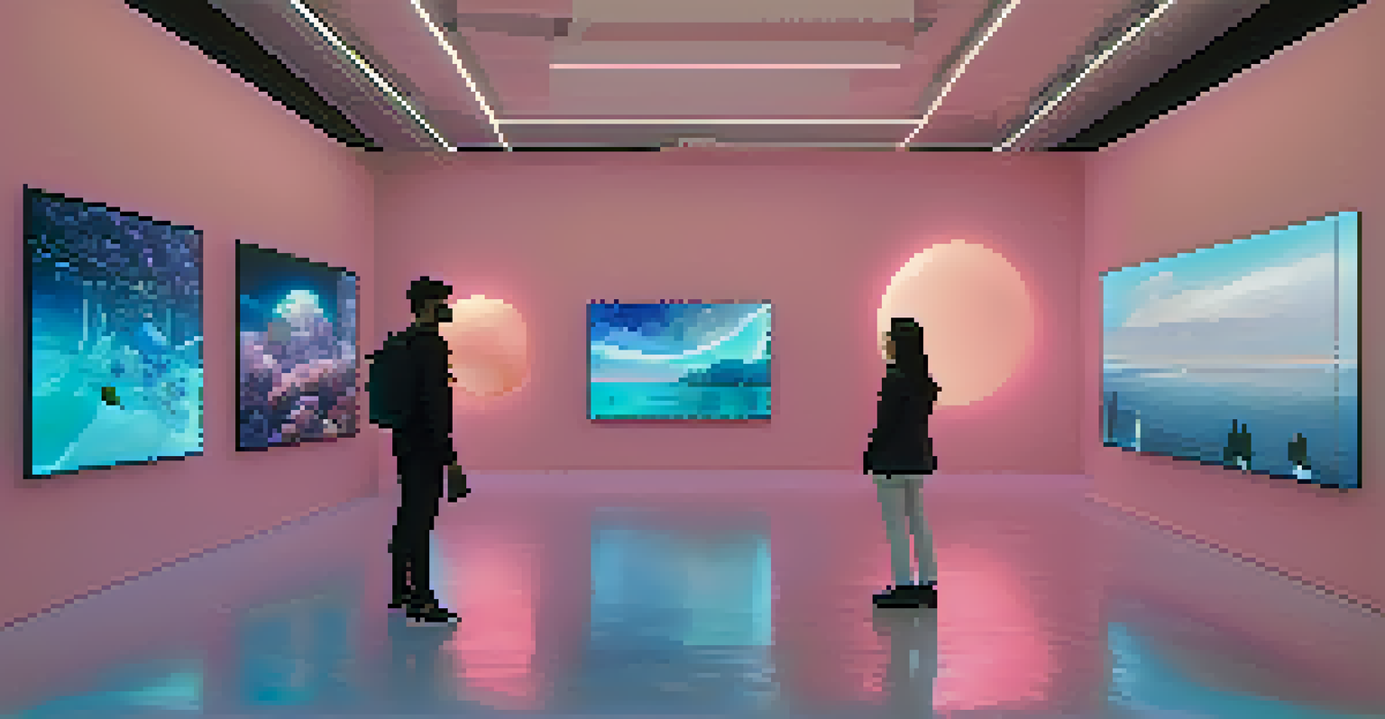 A modern virtual gallery with floating digital art pieces and visitors using AR devices to interact with NFTs.