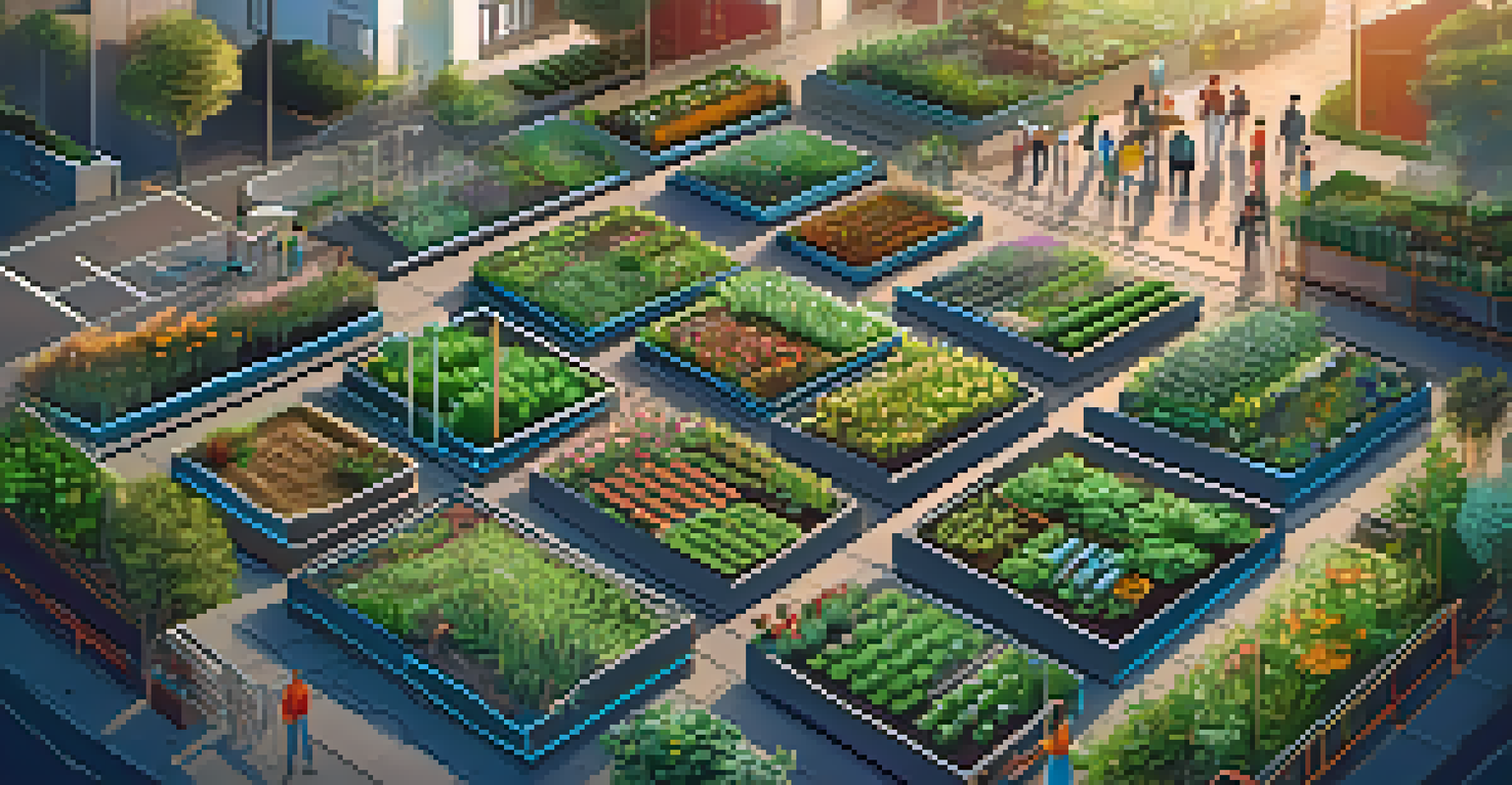 A community garden representing a DAO with individuals planting and technology symbols in the background.