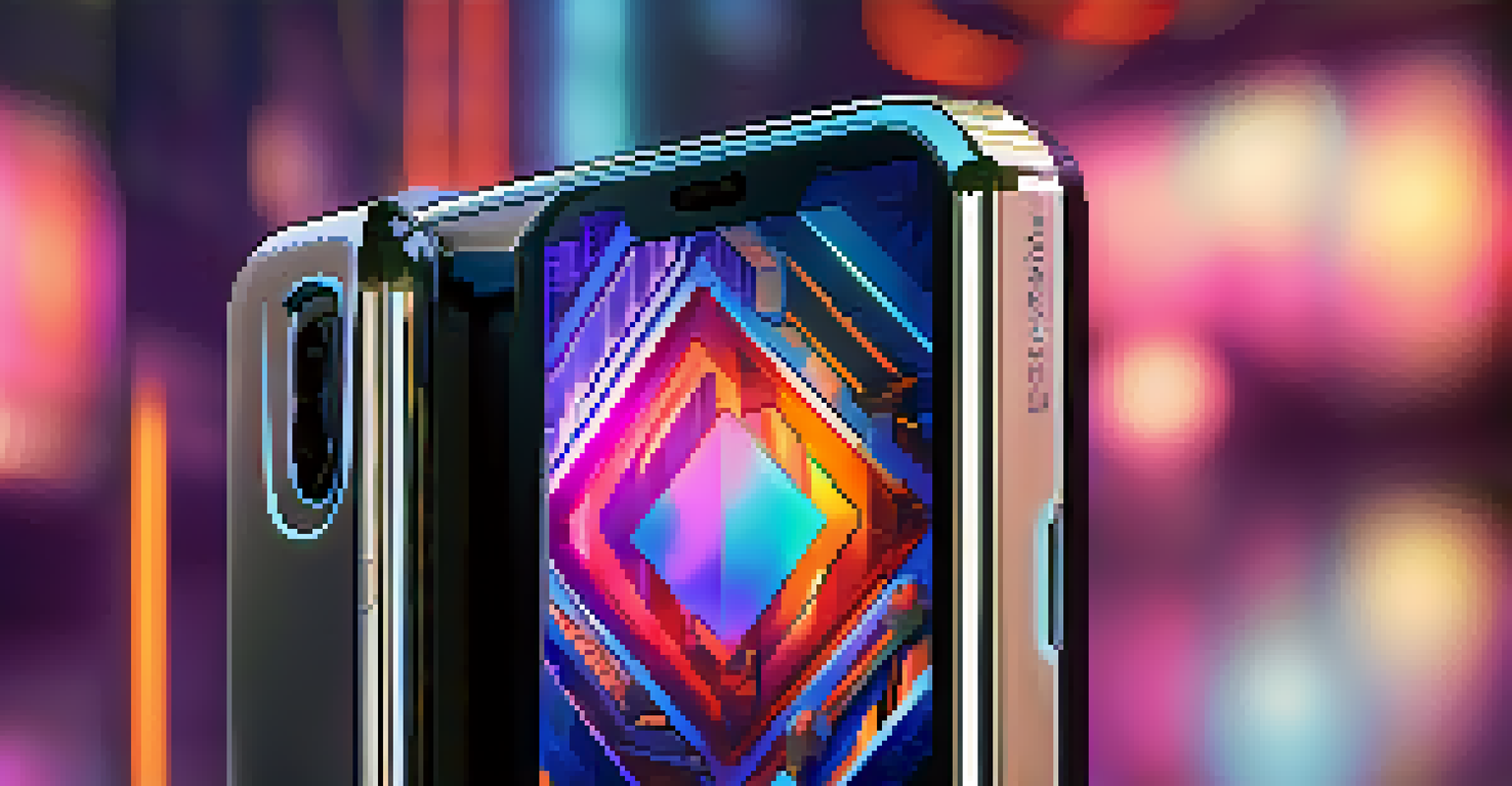 Close-up of a rare NFT artwork on a futuristic device, showcasing geometric designs and vibrant colors.