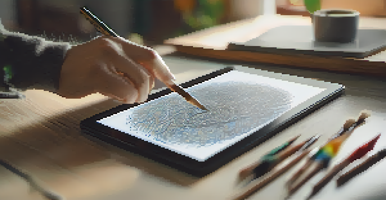 A close-up of a tablet showing an NFT artwork being interacted with, surrounded by a cozy artist's workspace with sketches and paintbrushes.