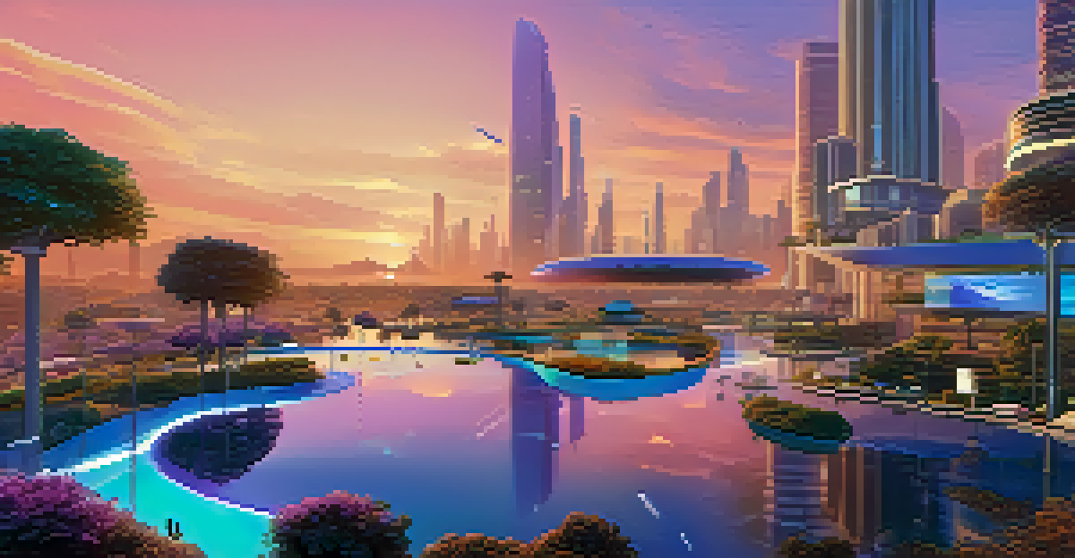 A futuristic virtual landscape with unique buildings and users interacting with holographic interfaces.