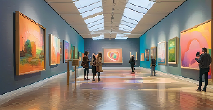 A digital art gallery filled with colorful NFT artworks, with visitors admiring the pieces under soft ambient lighting.