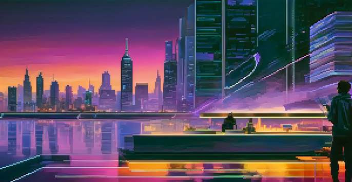A futuristic city skyline at dusk with neon lights and an artist painting an abstract mural.