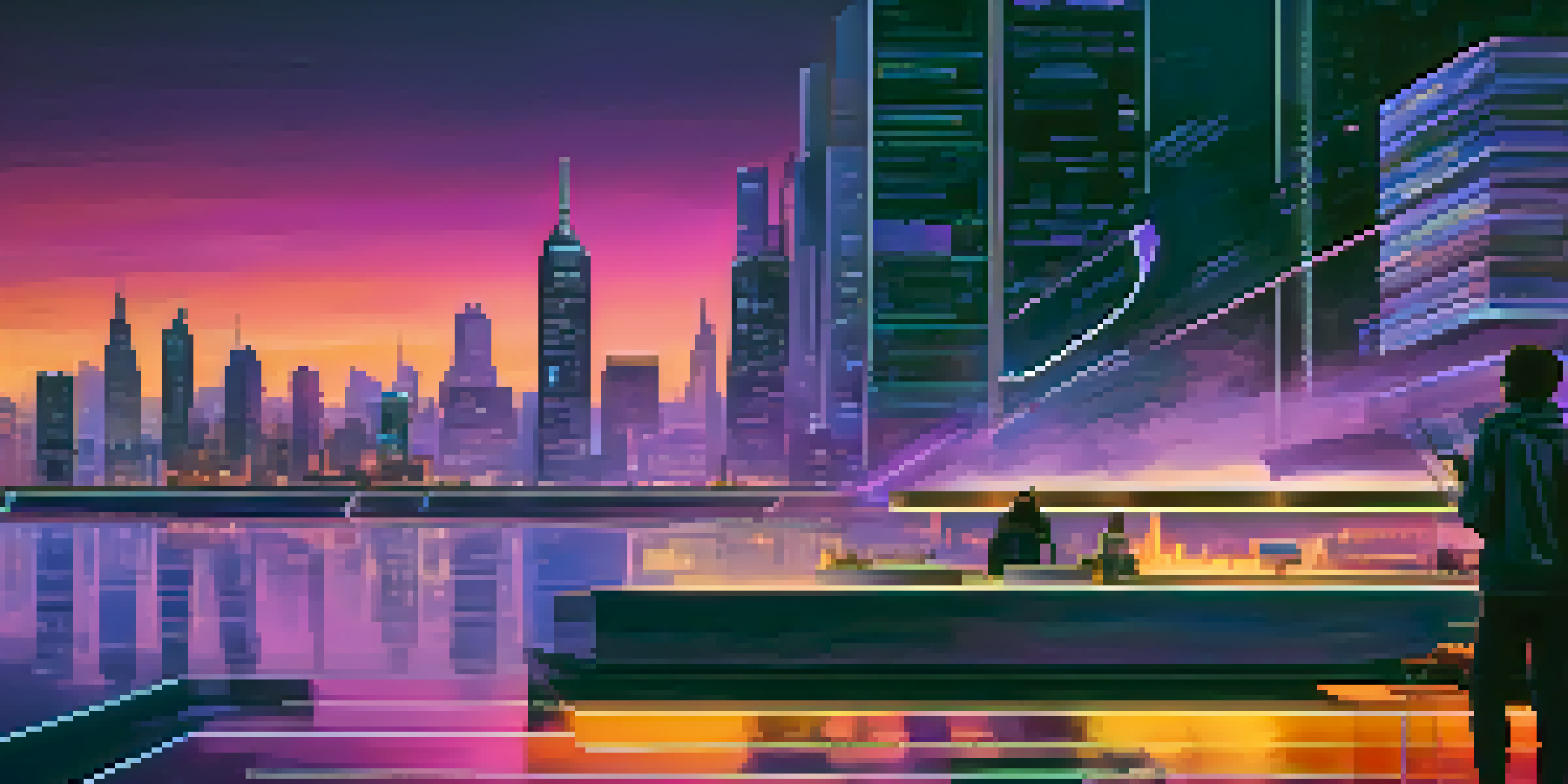 A futuristic city skyline at dusk with neon lights and an artist painting an abstract mural.