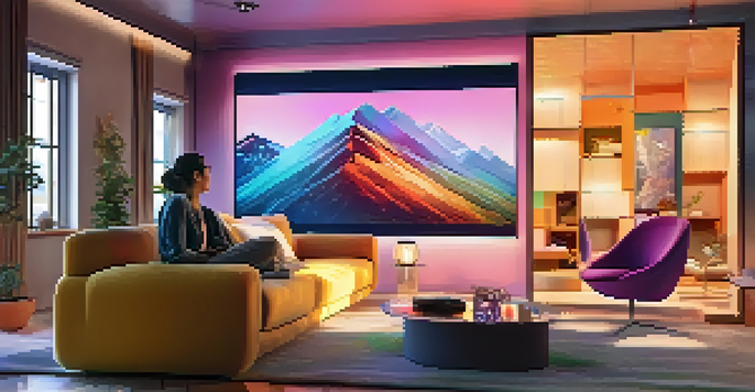A person in a living room engaging with a colorful digital sculpture through augmented reality, with soft lighting and modern decor.