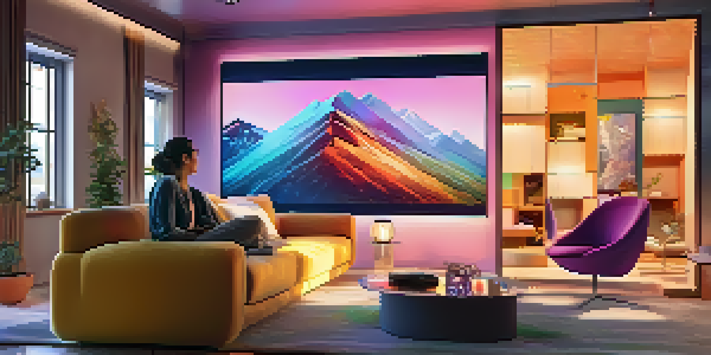 A person in a living room engaging with a colorful digital sculpture through augmented reality, with soft lighting and modern decor.
