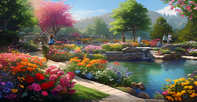 A colorful digital garden with flowers representing social media posts, sunlight filtering through leaves, and a gentle stream in the background.