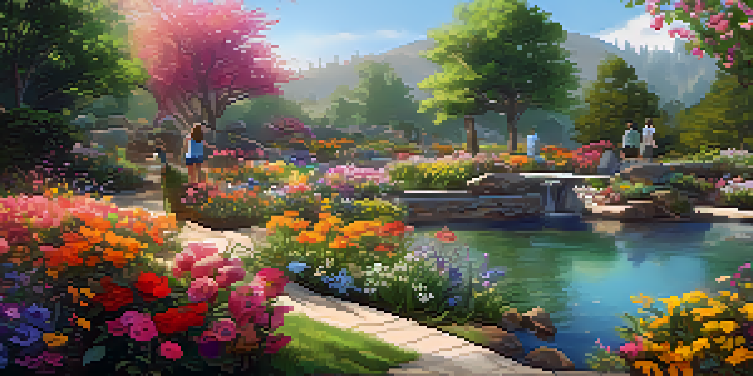 A colorful digital garden with flowers representing social media posts, sunlight filtering through leaves, and a gentle stream in the background.