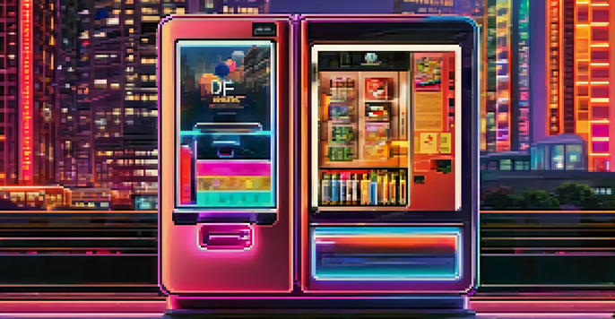 A futuristic digital vending machine showcasing digital assets, with a high-tech city in the background illuminated by neon lights.