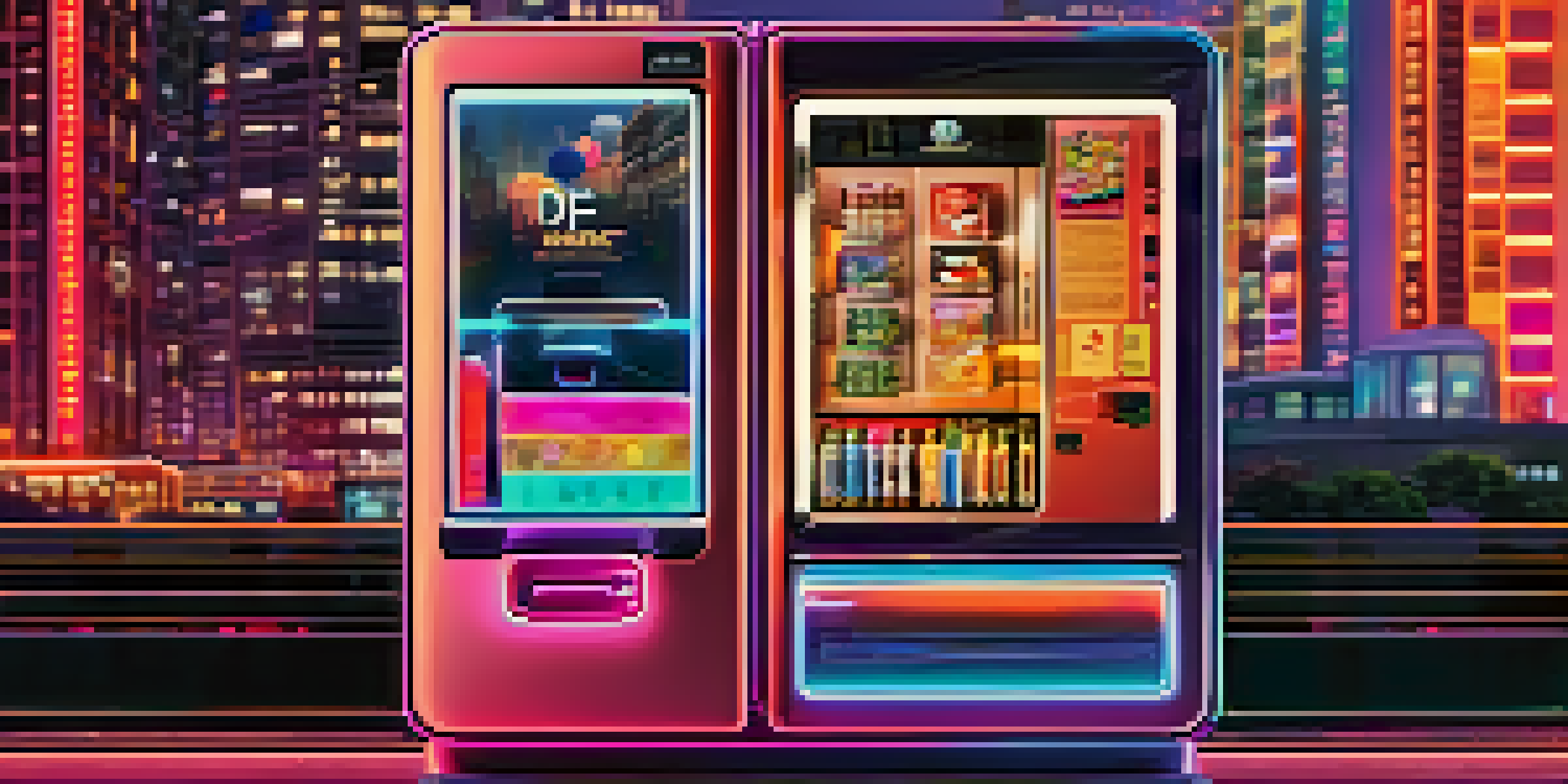 A futuristic digital vending machine showcasing digital assets, with a high-tech city in the background illuminated by neon lights.