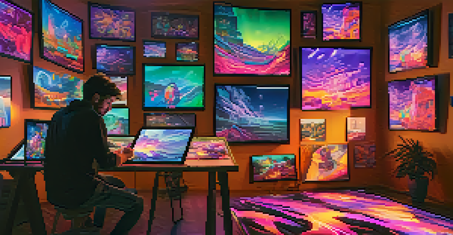 An artist in a studio with digital screens showing NFT artworks, sketching on a tablet amidst vibrant digital illustrations on the walls.