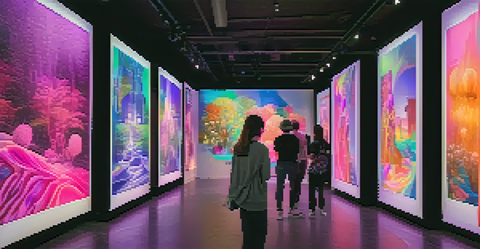 A digital art gallery filled with screens displaying various unique artworks, illuminated by colorful lighting, with visitors admiring the pieces.