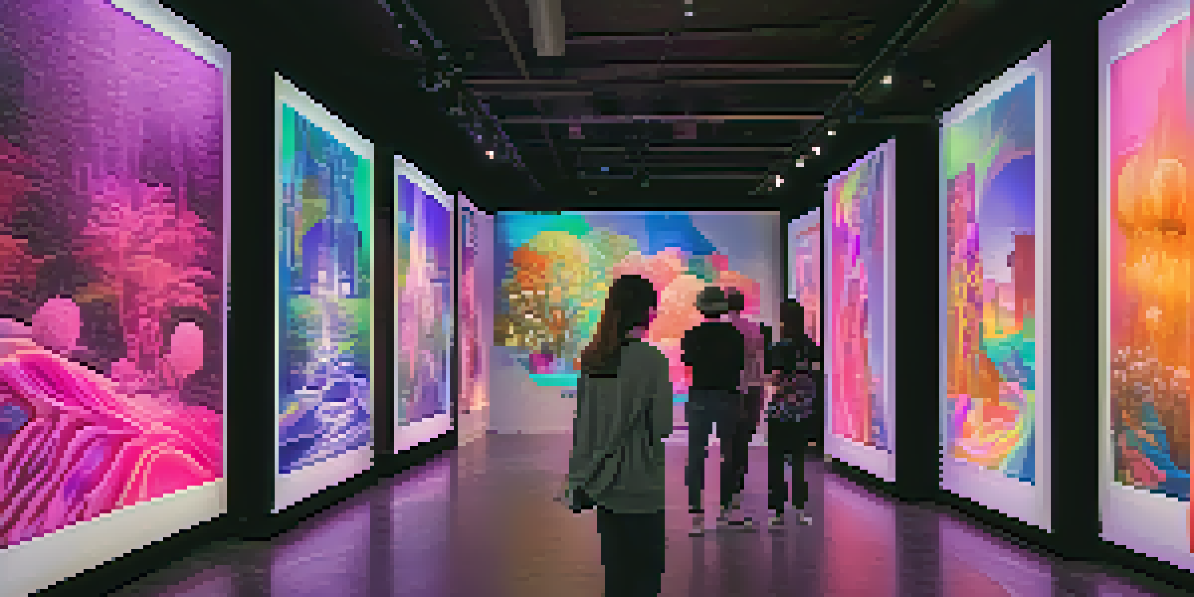 A digital art gallery filled with screens displaying various unique artworks, illuminated by colorful lighting, with visitors admiring the pieces.