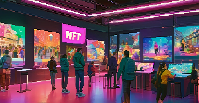 A lively digital art marketplace filled with people looking at NFT artworks on their devices, with colorful screens in the background.