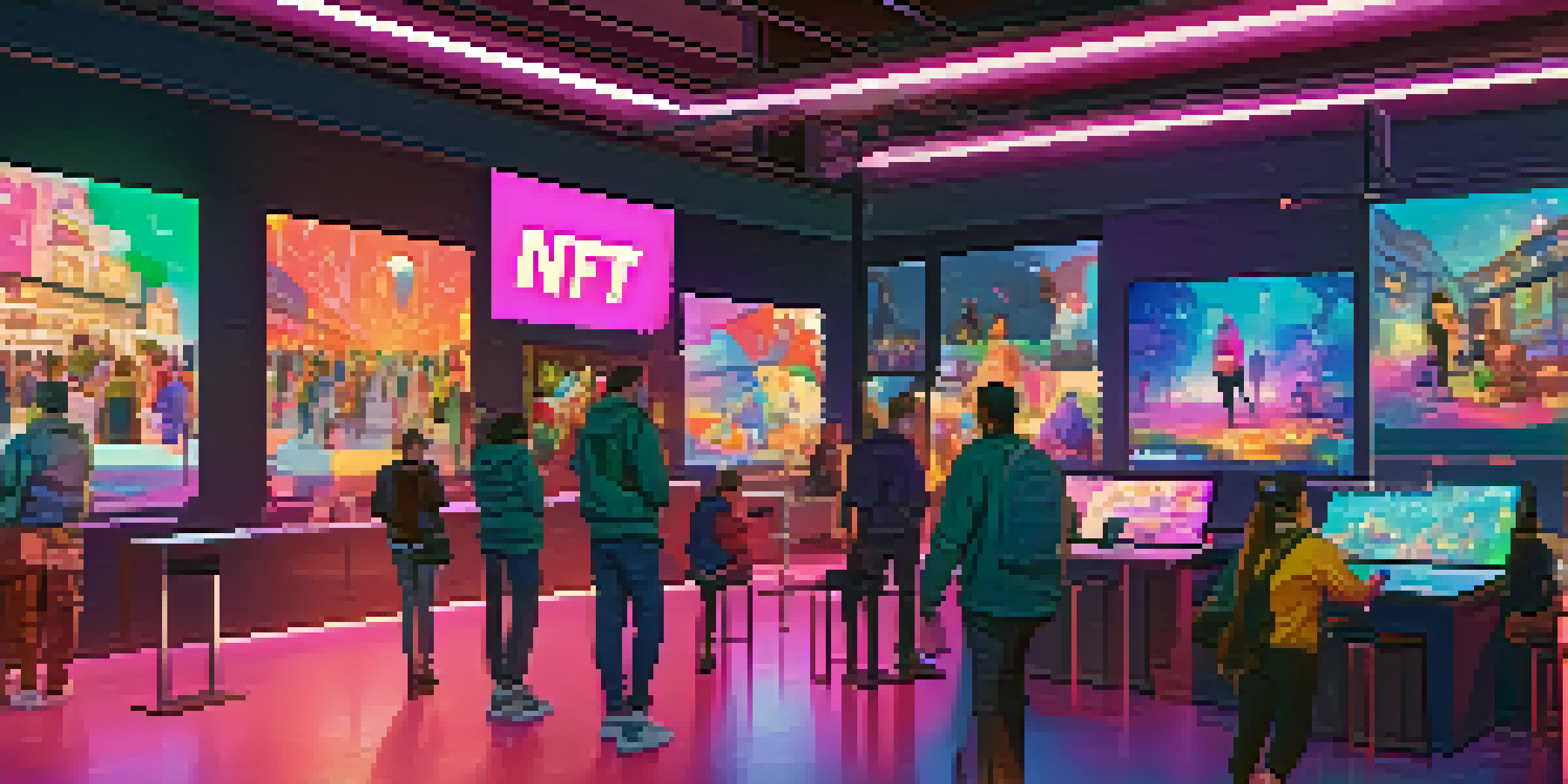 A lively digital art marketplace filled with people looking at NFT artworks on their devices, with colorful screens in the background.