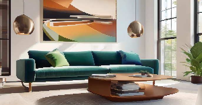 A modern living room with a VR headset on the coffee table, natural light, cozy sofa, and abstract art.