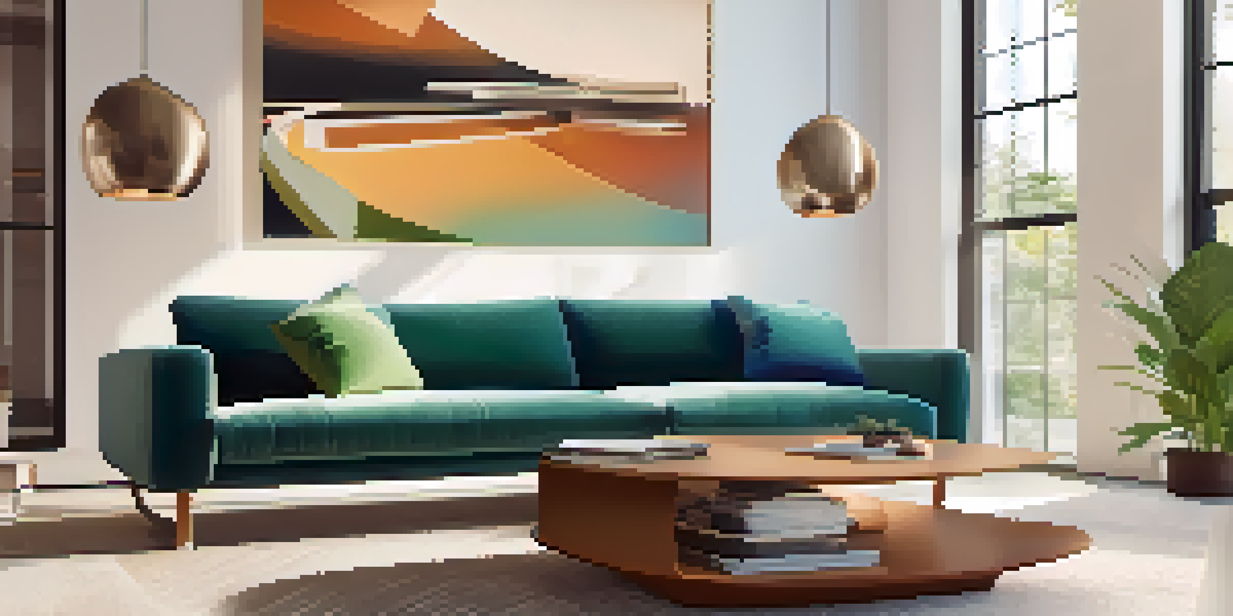 A modern living room with a VR headset on the coffee table, natural light, cozy sofa, and abstract art.