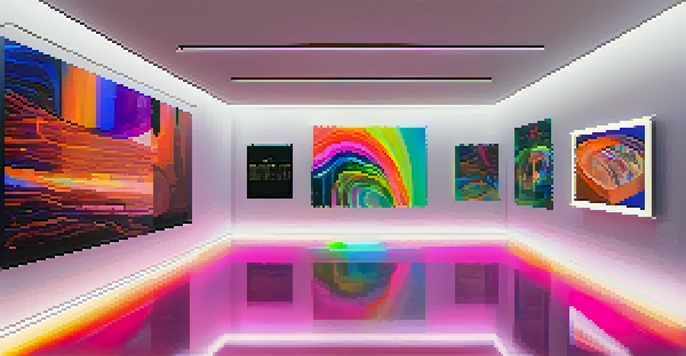 A digital art gallery filled with colorful NFT artworks displayed on screens, with visitors engaging in a bright, modern space.
