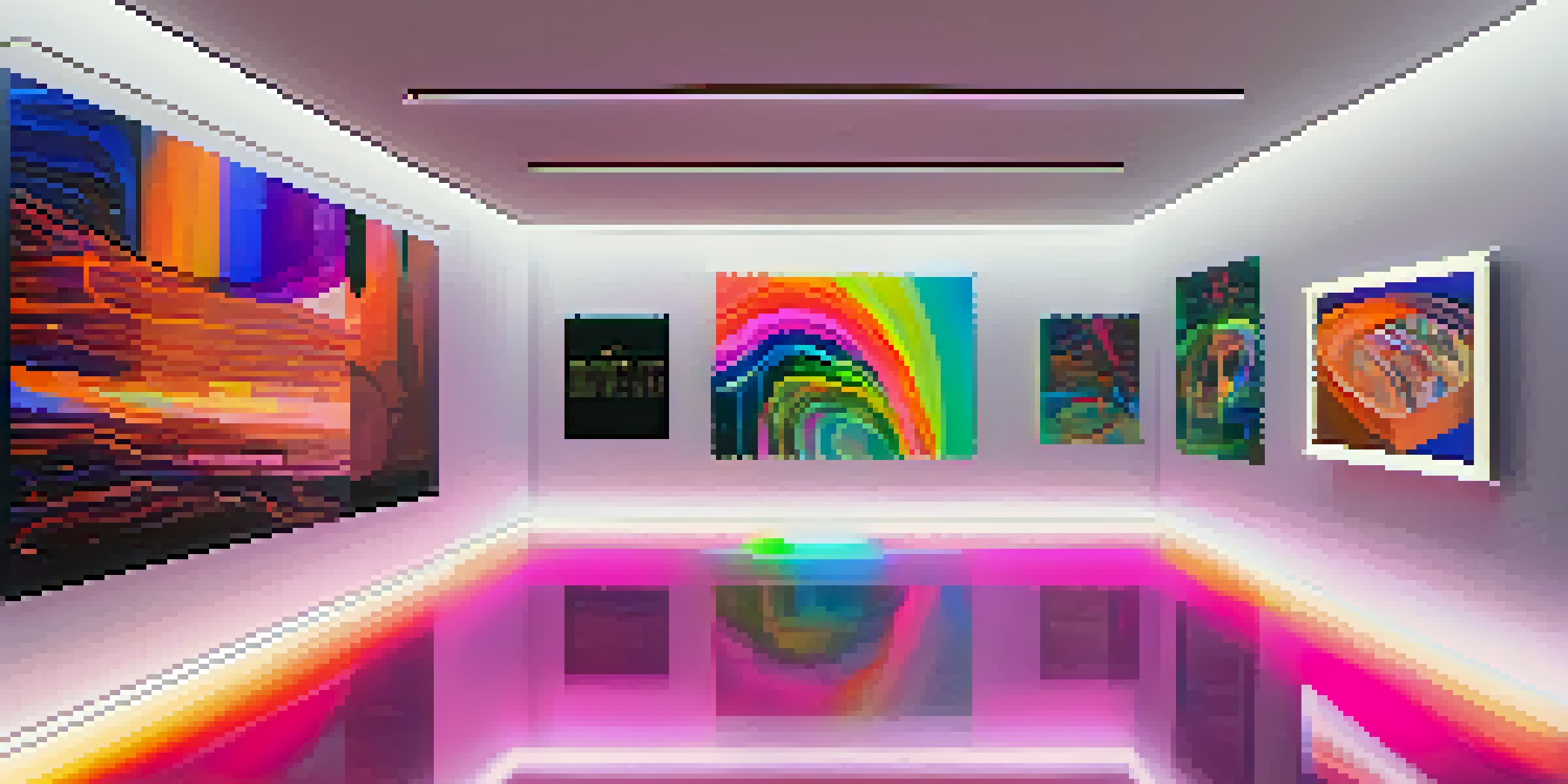 A digital art gallery filled with colorful NFT artworks displayed on screens, with visitors engaging in a bright, modern space.