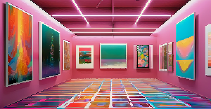 A digital art gallery displaying colorful NFTs on virtual screens, with ambient lighting and a minimalist design.