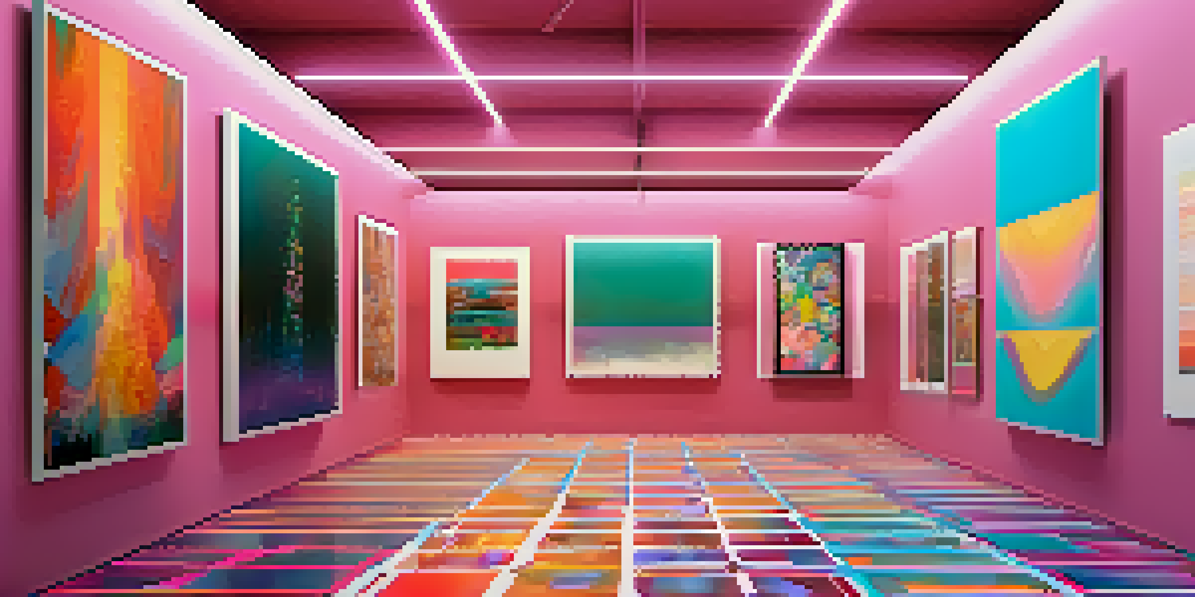 A digital art gallery displaying colorful NFTs on virtual screens, with ambient lighting and a minimalist design.