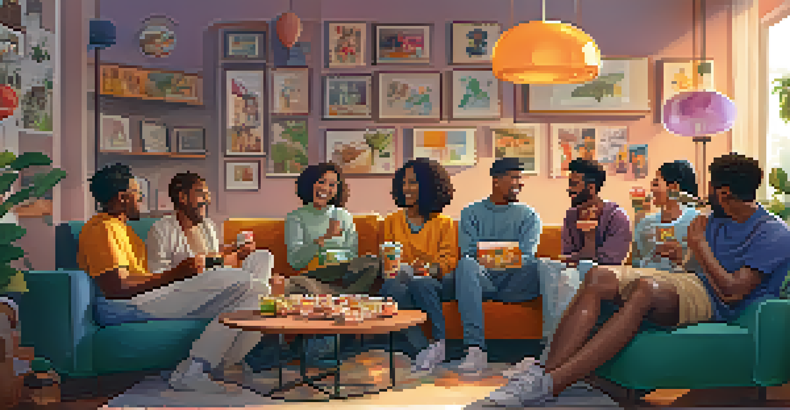 Diverse fans in a living room discussing NFTs around a large screen, with colorful decorations and snacks present.