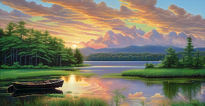 A beautiful sunset over a calm lake with colorful clouds reflecting on the water, surrounded by green trees and a small boat in the foreground.
