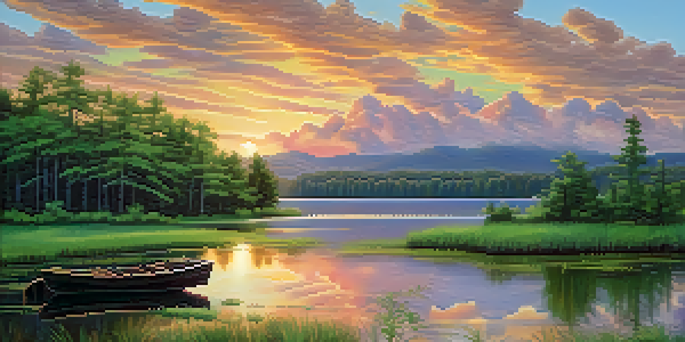 A beautiful sunset over a calm lake with colorful clouds reflecting on the water, surrounded by green trees and a small boat in the foreground.