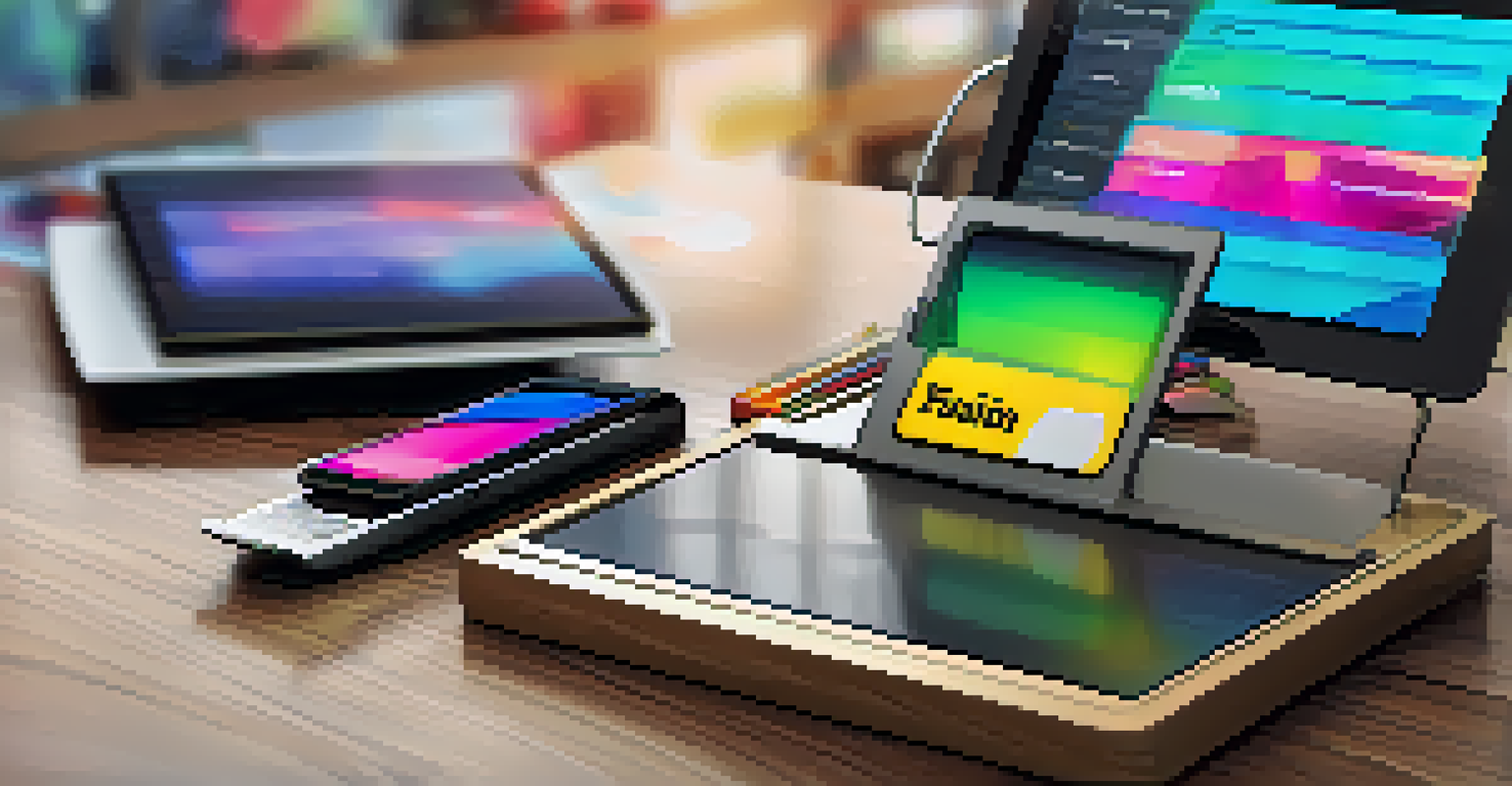 A close-up of a hardware wallet on a wooden desk, surrounded by colorful digital art on a tablet, representing NFT security.