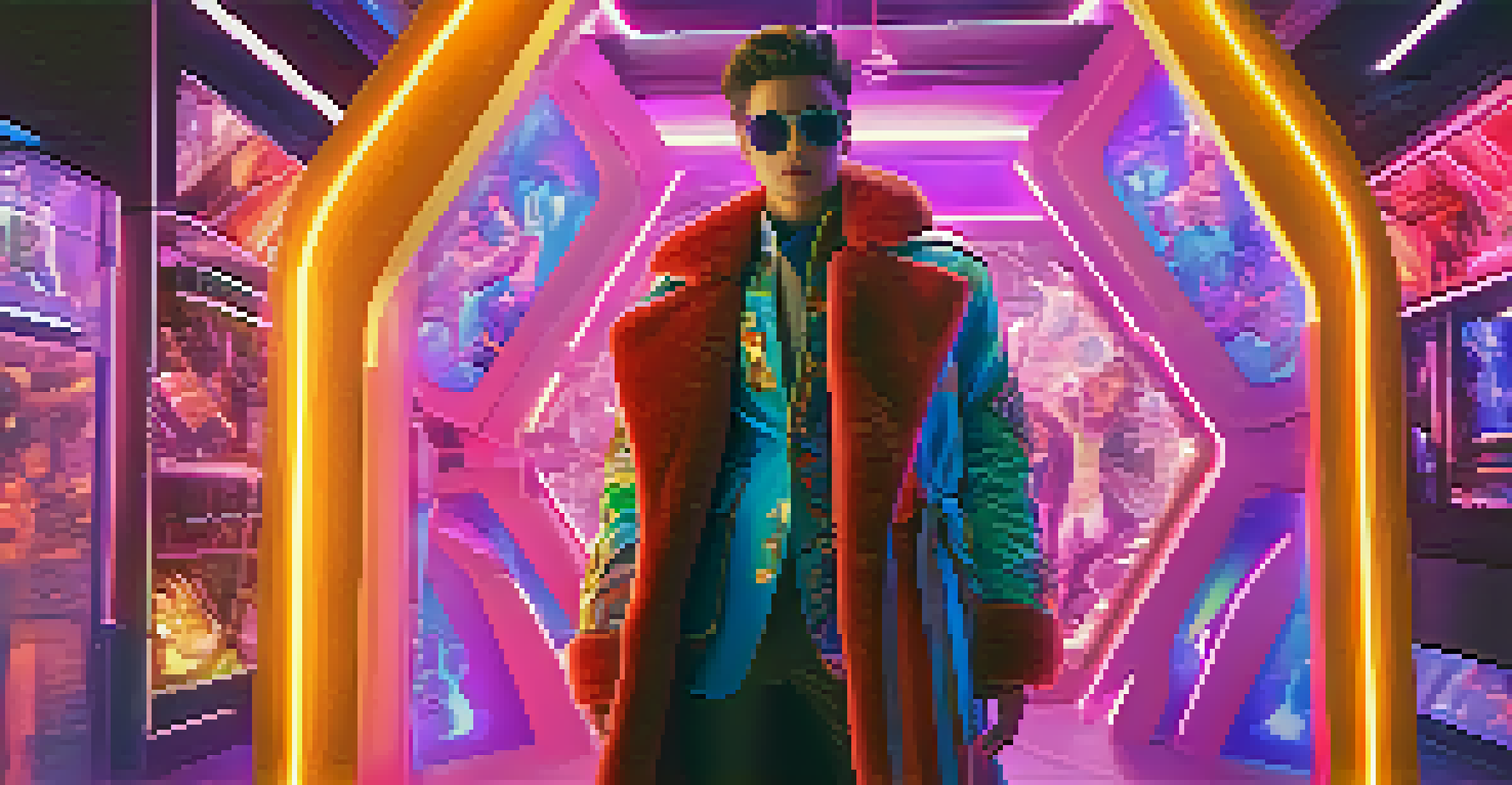 A gaming character dressed in luxurious digital fashion poses in a vibrant virtual environment, showcasing the blend of gaming and fashion.