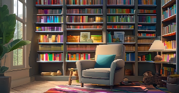 A warm and inviting reading nook with a plush armchair, bookshelves, a cup of tea, and a digital tablet showing an NFT book cover.