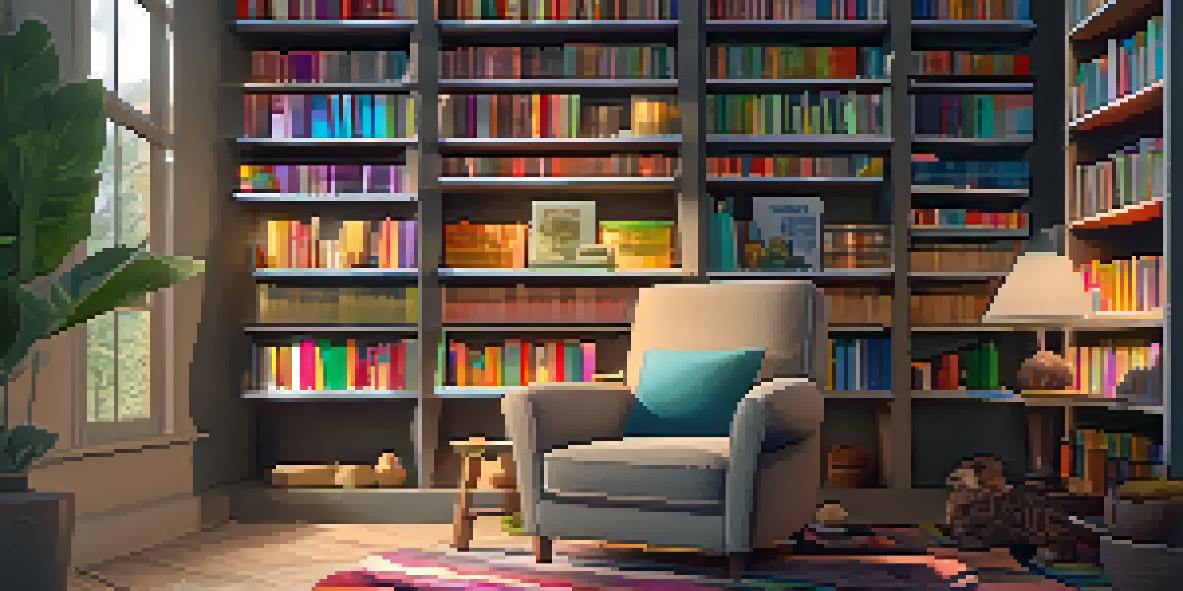 A warm and inviting reading nook with a plush armchair, bookshelves, a cup of tea, and a digital tablet showing an NFT book cover.
