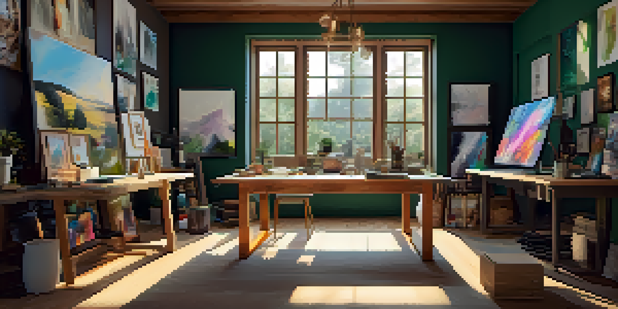 A bright and colorful digital art studio with various NFT artworks displayed on screens and sunlight streaming through the windows.