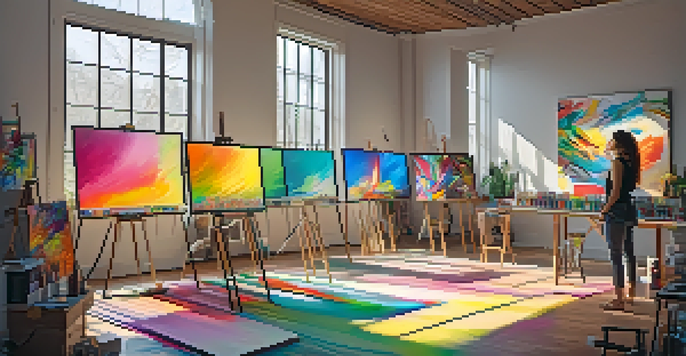 A digital art studio with an artist painting on a canvas surrounded by colorful artworks and art supplies.