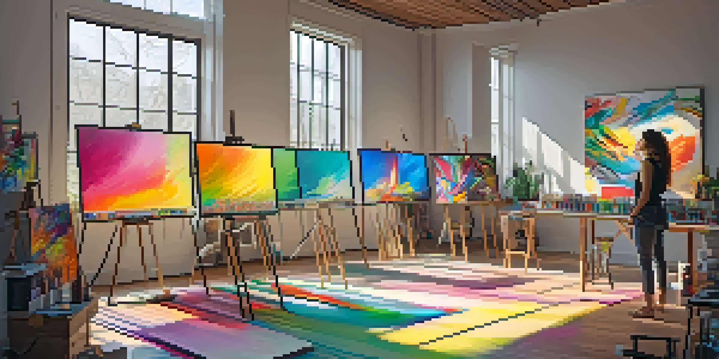 A digital art studio with an artist painting on a canvas surrounded by colorful artworks and art supplies.
