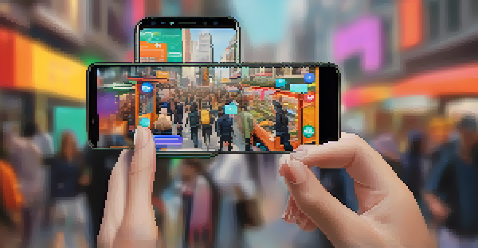 Close-up of a smartphone showing an NFT marketplace with colorful digital art, against a blurred urban background.
