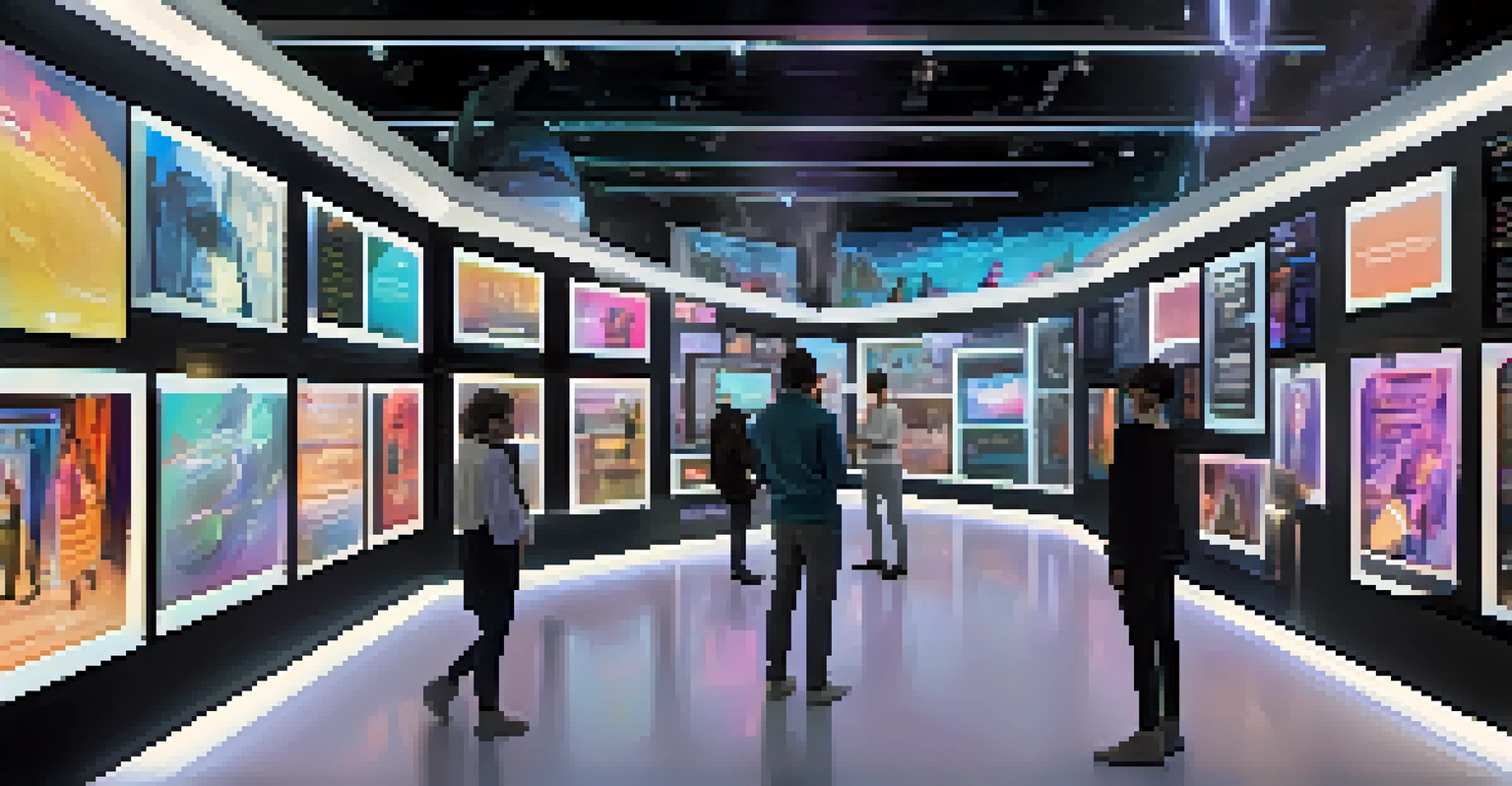 A futuristic NFT marketplace with floating digital artworks and avatars interacting with them.