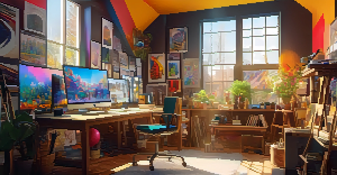 A bright digital art studio with colorful artwork and creative tools, illuminated by warm sunlight.