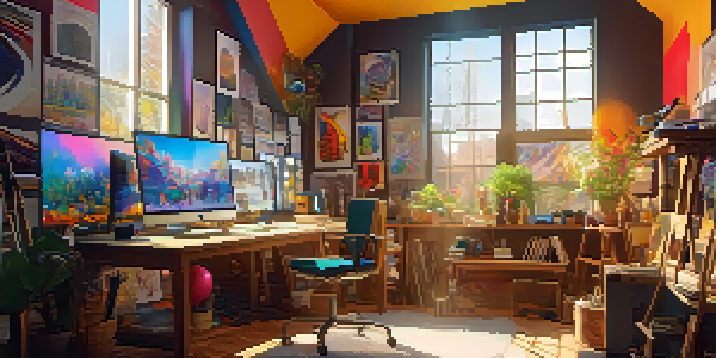 A bright digital art studio with colorful artwork and creative tools, illuminated by warm sunlight.