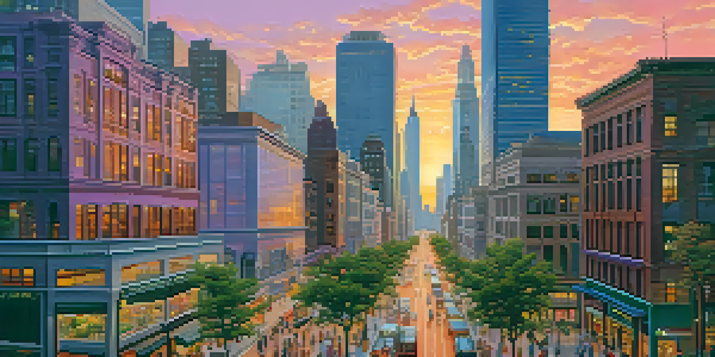 A colorful sunset over a bustling city, showcasing skyscrapers and lively streets.