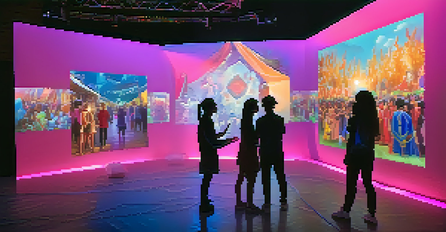 An interactive augmented reality installation at a festival, featuring holographic displays of traditional dances and stories in a contemporary art space.