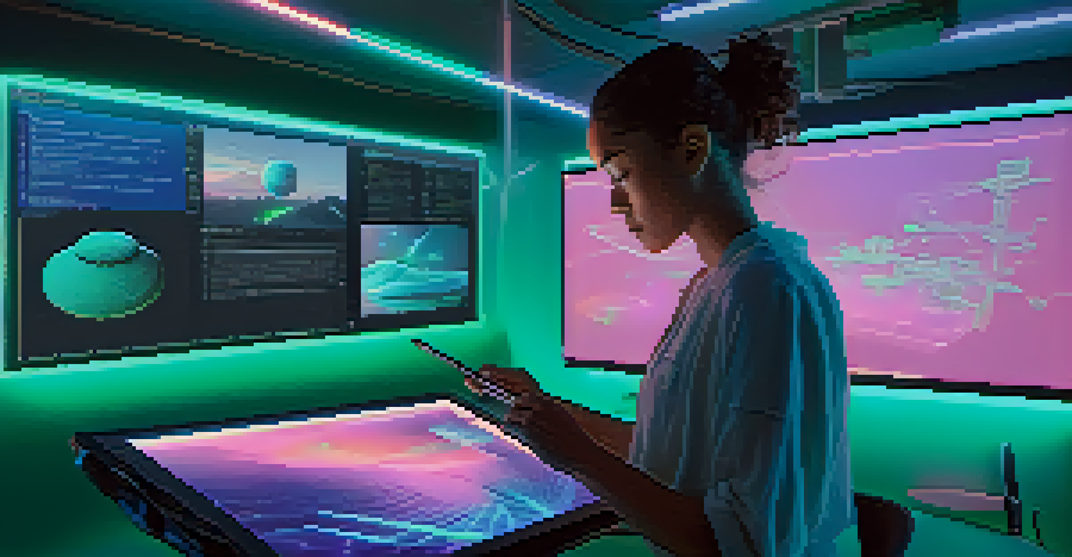 A futuristic workspace with a digital artist creating NFTs on a tablet, surrounded by holograms and screens.
